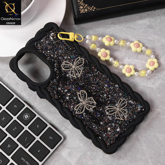 Oppo A38 Cover - Black - New Braid Style Borders Butterfly Shiny Glitter Soft Case With Beads Bracelet Holder (Glitter Does Not Move)