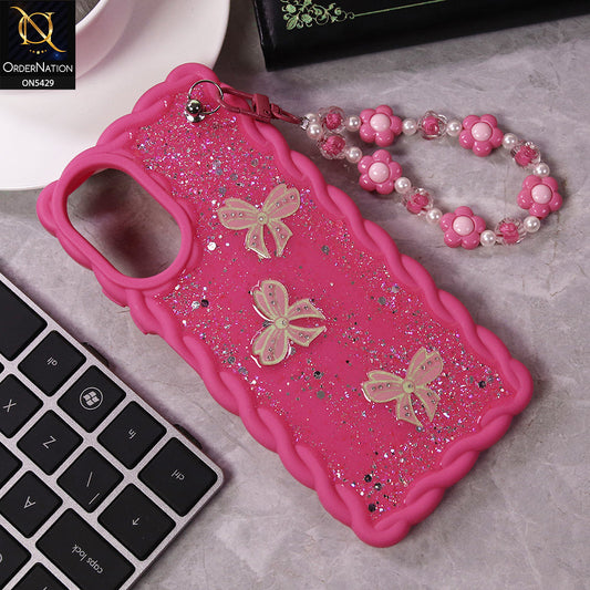 Oppo A38 Cover - Pink - New Braid Style Borders Butterfly Shiny Glitter Soft Case With Beads Bracelet Holder (Glitter Does Not Move)
