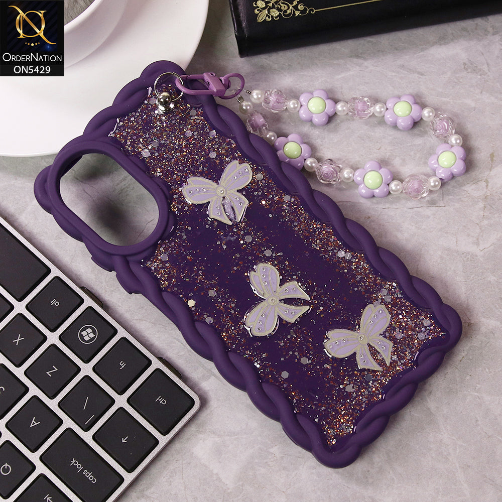 Oppo A18 Cover - Purple - New Braid Style Borders Butterfly Shiny Glitter Soft Case With Beads Bracelet Holder (Glitter Does Not Move)