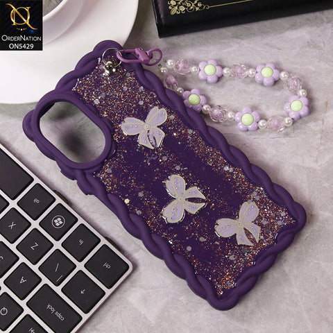 Oppo A18 Cover - Purple - New Braid Style Borders Butterfly Shiny Glitter Soft Case With Beads Bracelet Holder (Glitter Does Not Move)