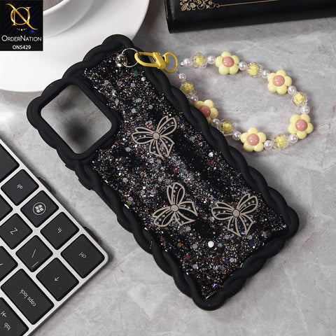 Oppo A54 4G Cover - Black - New Braid Style Borders Butterfly Shiny Glitter Soft Case With Beads Bracelet Holder (Glitter Does Not Move)