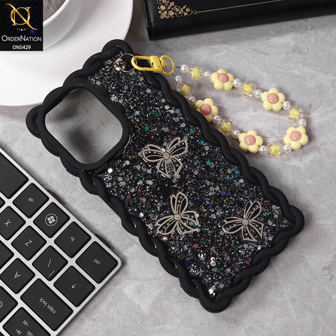 Xiaomi Redmi 13C Cover - Black - New Braid Style Borders Butterfly Shiny Glitter Soft Case With Beads Bracelet Holder (Glitter Does Not Move)