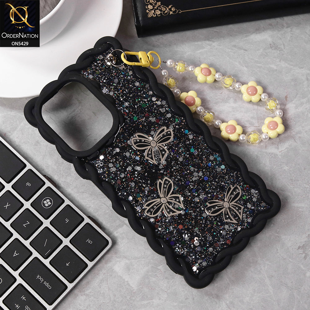 Xiaomi Poco C65 Cover - Black - New Braid Style Borders Butterfly Shiny Glitter Soft Case With Beads Bracelet Holder (Glitter Does Not Move)