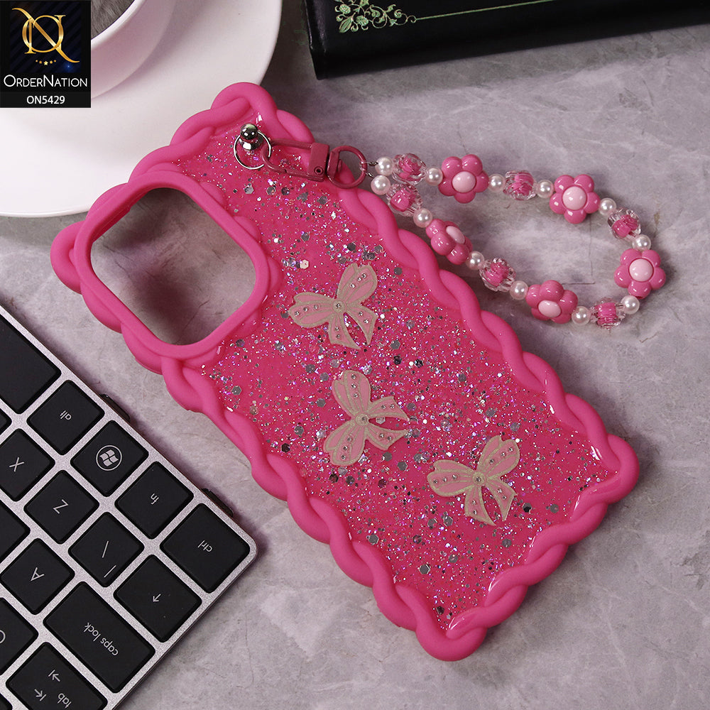 Xiaomi Redmi 13C Cover - Pink - New Braid Style Borders Butterfly Shiny Glitter Soft Case With Beads Bracelet Holder (Glitter Does Not Move)