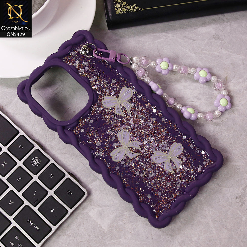 Xiaomi Redmi 13C Cover - Purple - New Braid Style Borders Butterfly Shiny Glitter Soft Case With Beads Bracelet Holder (Glitter Does Not Move)