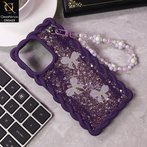 Xiaomi Redmi 13C Cover - Purple - New Braid Style Borders Butterfly Shiny Glitter Soft Case With Beads Bracelet Holder (Glitter Does Not Move)