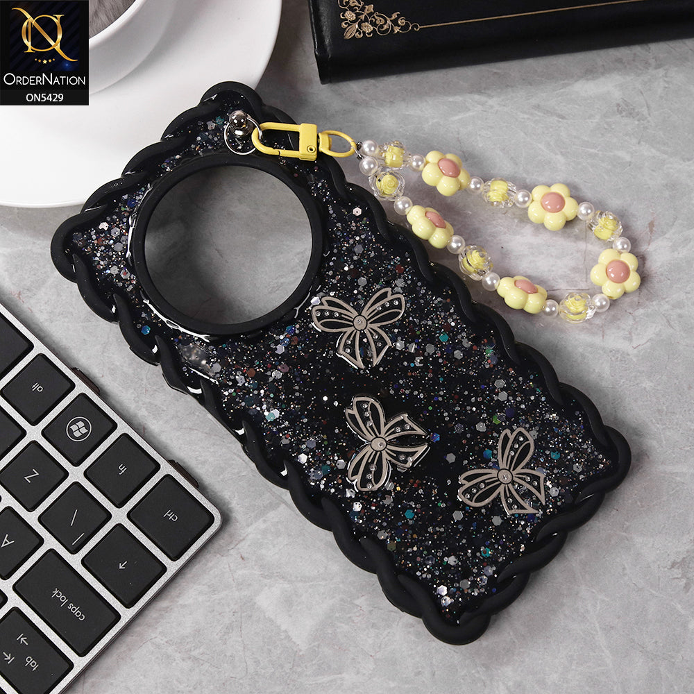 Xiaomi Redmi 14C Cover - Black - New Braid Style Borders Butterfly Shiny Glitter Soft Case With Beads Bracelet Holder (Glitter Does Not Move)