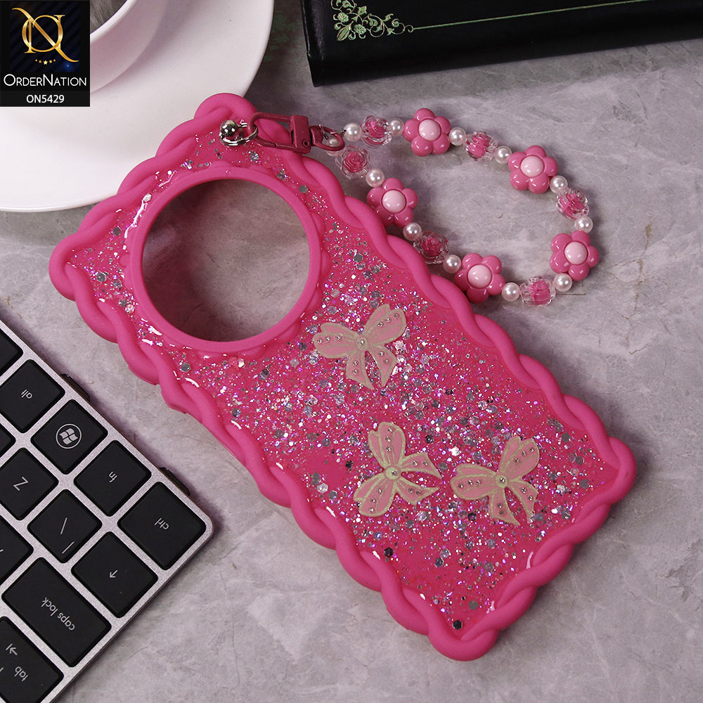 Xiaomi Redmi 14R Cover - Pink - New Braid Style Borders Butterfly Shiny Glitter Soft Case With Beads Bracelet Holder (Glitter Does Not Move)