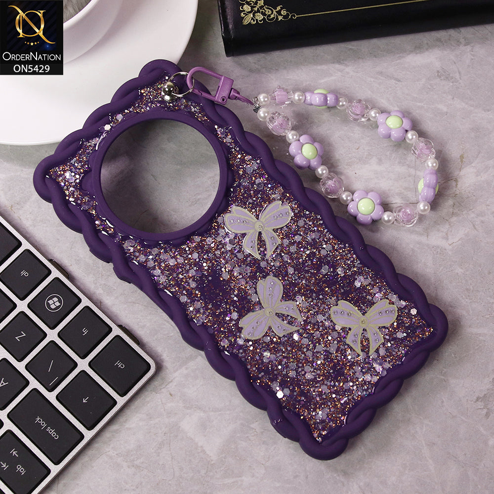 Xiaomi Redmi 14C Cover - Purple - New Braid Style Borders Butterfly Shiny Glitter Soft Case With Beads Bracelet Holder (Glitter Does Not Move)