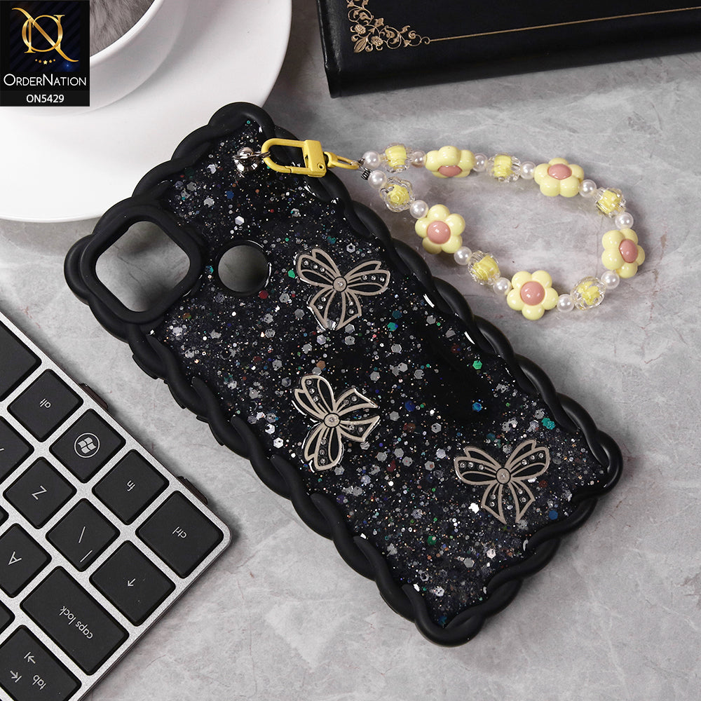 Xiaomi Redmi 9C Cover - Black - New Braid Style Borders Butterfly Shiny Glitter Soft Case With Beads Bracelet Holder (Glitter Does Not Move)