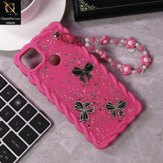Xiaomi Redmi 9C Cover - Pink - New Braid Style Borders Butterfly Shiny Glitter Soft Case With Beads Bracelet Holder (Glitter Does Not Move)