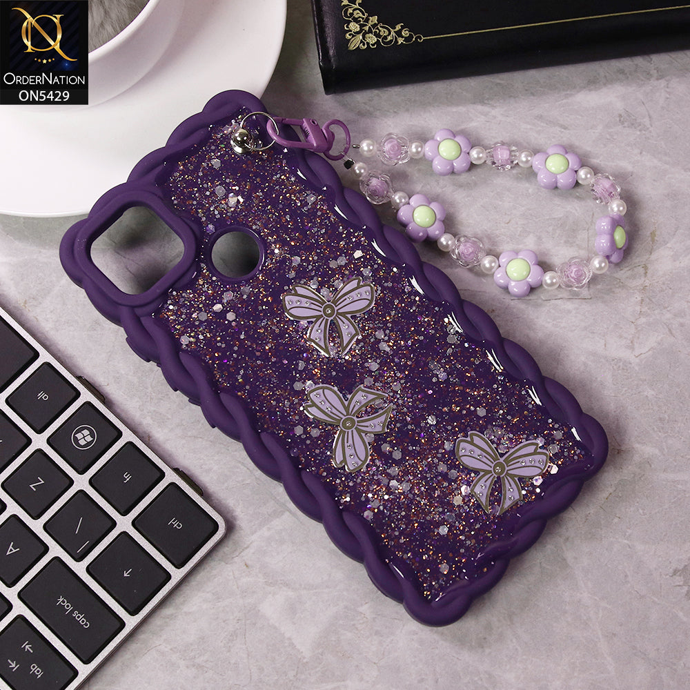Xiaomi Redmi 10A Cover - Purple - New Braid Style Borders Butterfly Shiny Glitter Soft Case With Beads Bracelet Holder (Glitter Does Not Move)