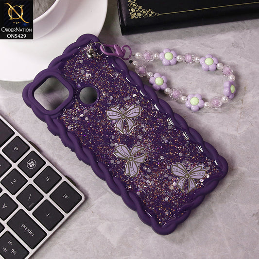Xiaomi Redmi 9C Cover - Purple - New Braid Style Borders Butterfly Shiny Glitter Soft Case With Beads Bracelet Holder (Glitter Does Not Move)