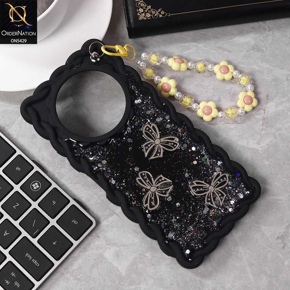 Xiaomi Redmi A3 Cover - Black - New Braid Style Borders Butterfly Shiny Glitter Soft Case With Beads Bracelet Holder (Glitter Does Not Move)