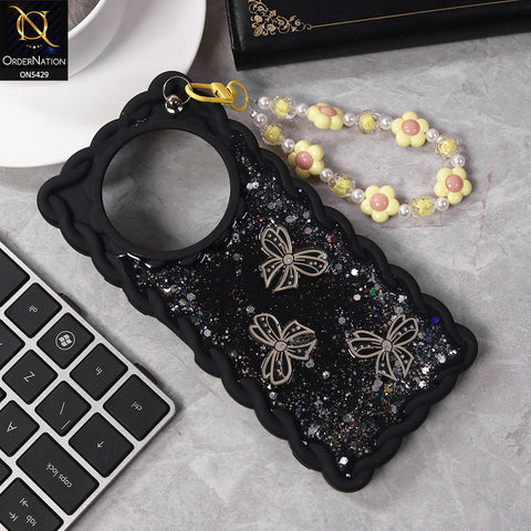 Xiaomi Redmi A3 Cover - Black - New Braid Style Borders Butterfly Shiny Glitter Soft Case With Beads Bracelet Holder (Glitter Does Not Move)