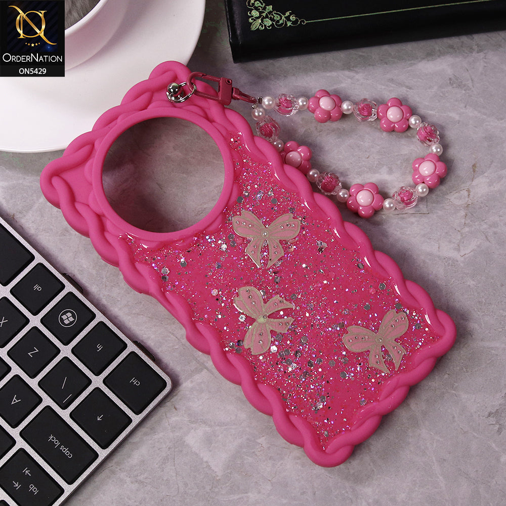Xiaomi Redmi A3 Cover - Pink - New Braid Style Borders Butterfly Shiny Glitter Soft Case With Beads Bracelet Holder (Glitter Does Not Move)