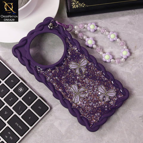 Xiaomi Redmi A3x Cover - Purple - New Braid Style Borders Butterfly Shiny Glitter Soft Case With Beads Bracelet Holder (Glitter Does Not Move)