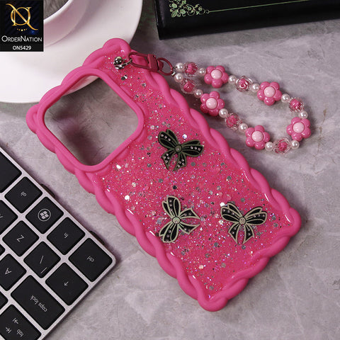 Xiaomi Redmi Note 14 4G Cover - Pink - New Braid Style Borders Butterfly Shiny Glitter Soft Case With Beads Bracelet Holder (Glitter Does Not Move)