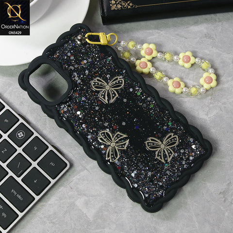 Samsung Galaxy A06 Cover - Black - New Braid Style Borders Butterfly Shiny Glitter Soft Case With Beads Bracelet Holder (Glitter Does Not Move)