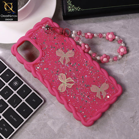 Samsung Galaxy A32 Cover - Pink - New Braid Style Borders Butterfly Shiny Glitter Soft Case With Beads Bracelet Holder (Glitter Does Not Move)