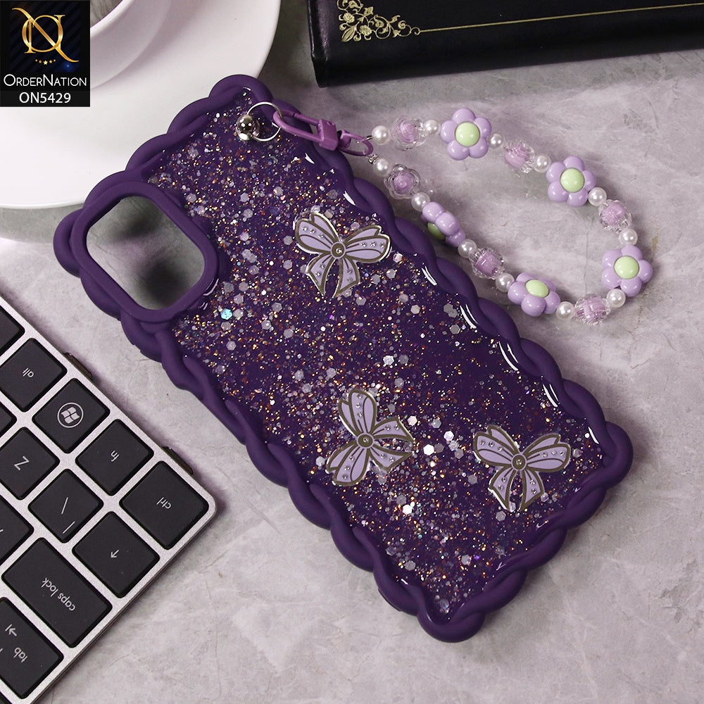 Samsung Galaxy A06 Cover - Purple - New Braid Style Borders Butterfly Shiny Glitter Soft Case With Beads Bracelet Holder (Glitter Does Not Move)