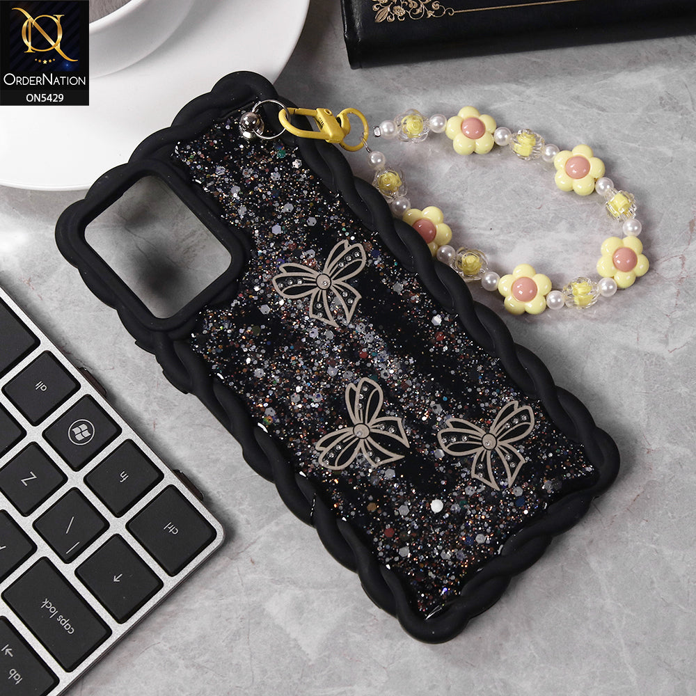 Samsung Galaxy A12 Nacho Cover - Black - New Braid Style Borders Butterfly Shiny Glitter Soft Case With Beads Bracelet Holder (Glitter Does Not Move)