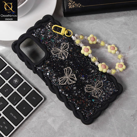 Samsung Galaxy A13 Cover - Black - New Braid Style Borders Butterfly Shiny Glitter Soft Case With Beads Bracelet Holder (Glitter Does Not Move)