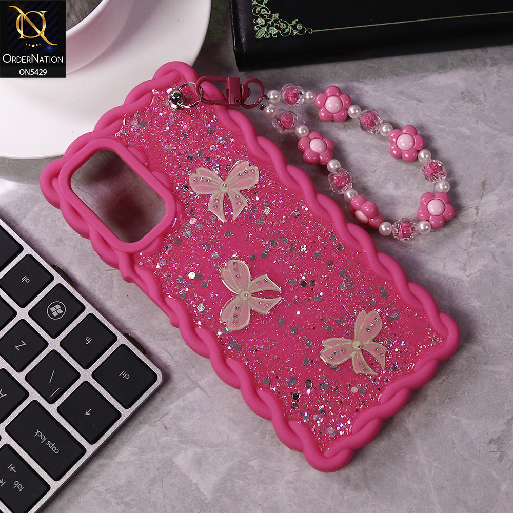 Samsung Galaxy A13 Cover - Pink - New Braid Style Borders Butterfly Shiny Glitter Soft Case With Beads Bracelet Holder (Glitter Does Not Move)