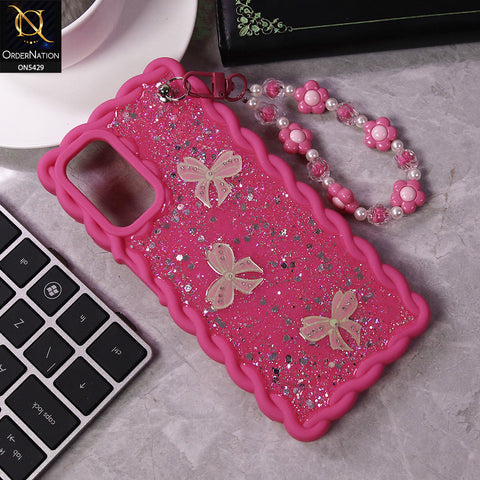 Samsung Galaxy A13 Cover - Pink - New Braid Style Borders Butterfly Shiny Glitter Soft Case With Beads Bracelet Holder (Glitter Does Not Move)