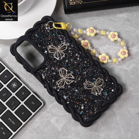 Samsung Galaxy A15 4G Cover - Black - New Braid Style Borders Butterfly Shiny Glitter Soft Case With Beads Bracelet Holder (Glitter Does Not Move)