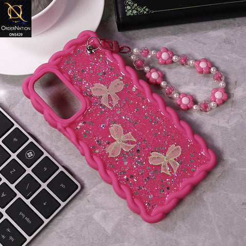 Samsung Galaxy A15 5G Cover - Pink - New Braid Style Borders Butterfly Shiny Glitter Soft Case With Beads Bracelet Holder (Glitter Does Not Move)