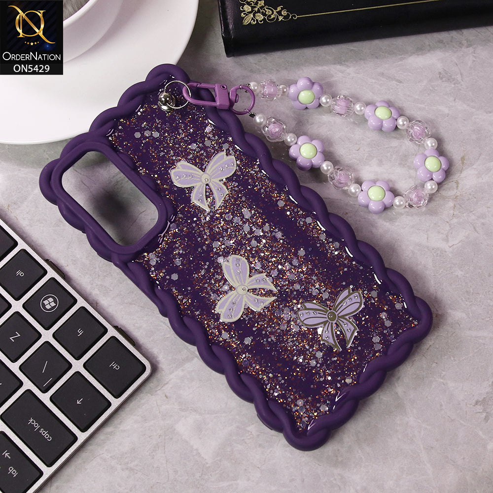 Samsung Galaxy A15 4G Cover - Purple - New Braid Style Borders Butterfly Shiny Glitter Soft Case With Beads Bracelet Holder (Glitter Does Not Move)
