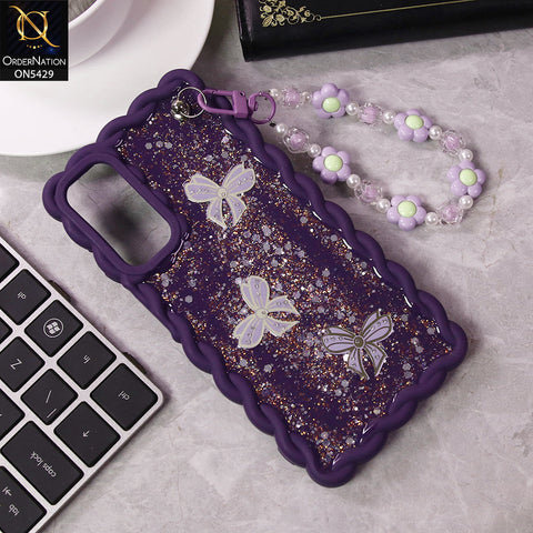 Samsung Galaxy A15 4G Cover - Purple - New Braid Style Borders Butterfly Shiny Glitter Soft Case With Beads Bracelet Holder (Glitter Does Not Move)