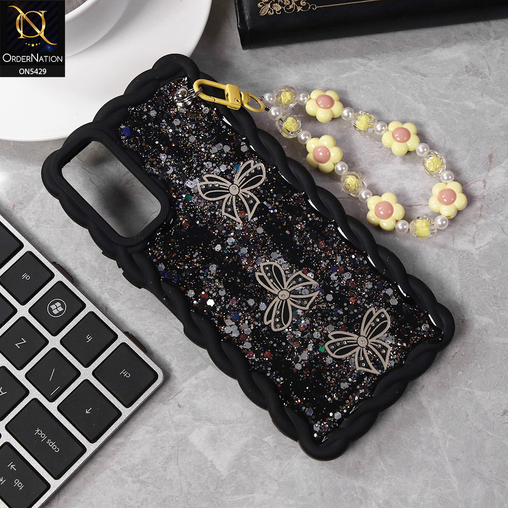 Samsung Galaxy A16 5G Cover - Black - New Braid Style Borders Butterfly Shiny Glitter Soft Case With Beads Bracelet Holder (Glitter Does Not Move)