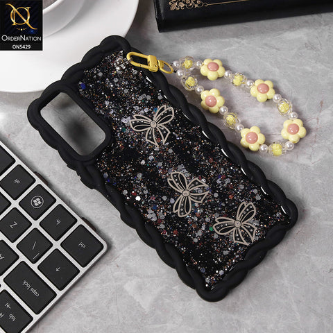 Samsung Galaxy A16 5G Cover - Black - New Braid Style Borders Butterfly Shiny Glitter Soft Case With Beads Bracelet Holder (Glitter Does Not Move)