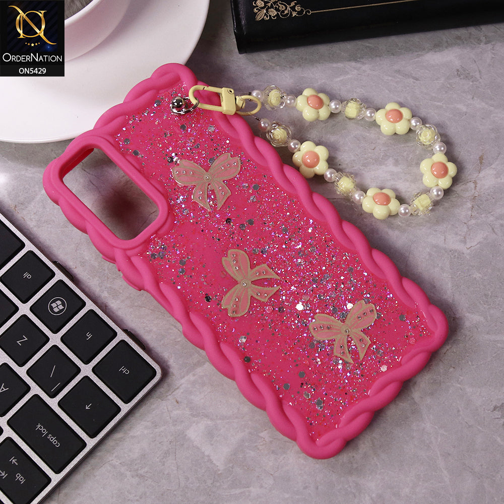 Samsung Galaxy A16 Cover - Pink - New Braid Style Borders Butterfly Shiny Glitter Soft Case With Beads Bracelet Holder (Glitter Does Not Move)