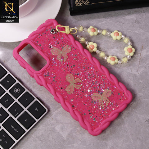 Samsung Galaxy A16 Cover - Pink - New Braid Style Borders Butterfly Shiny Glitter Soft Case With Beads Bracelet Holder (Glitter Does Not Move)