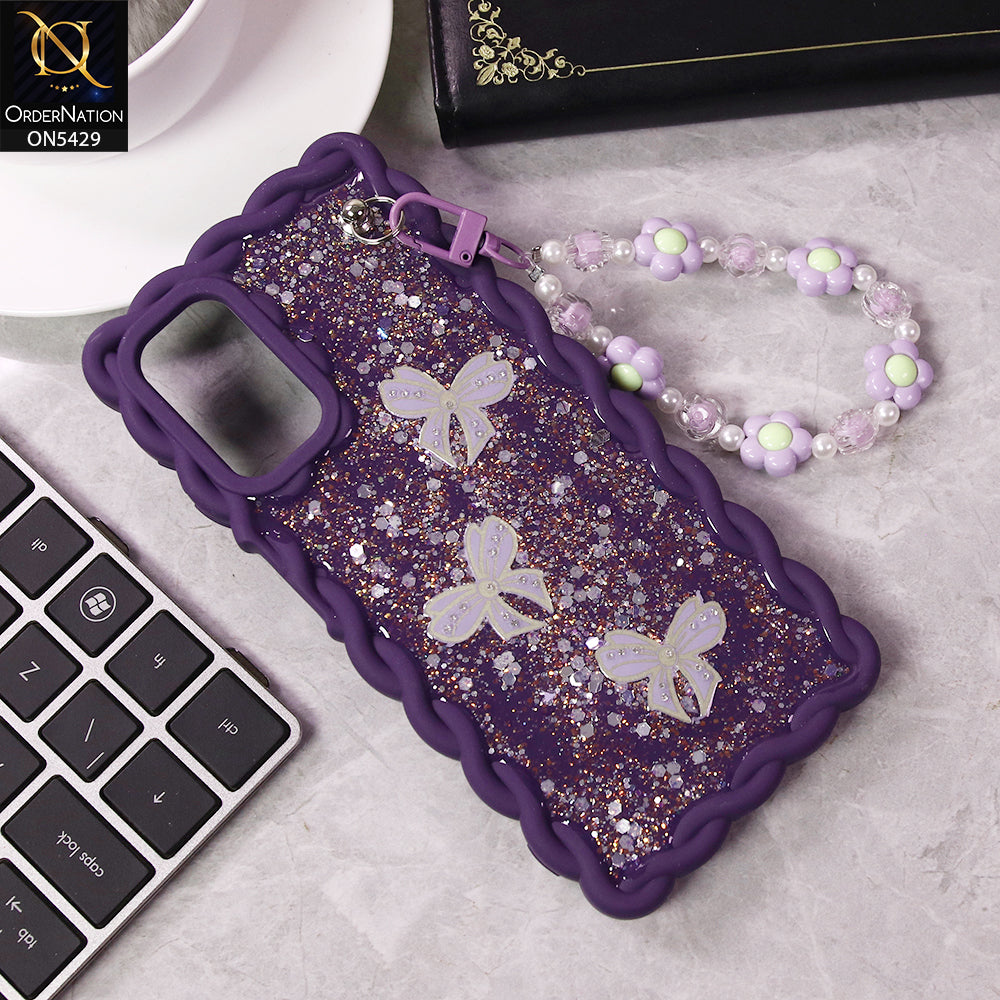 Samsung Galaxy A32 Cover - Purple - New Braid Style Borders Butterfly Shiny Glitter Soft Case With Beads Bracelet Holder (Glitter Does Not Move)