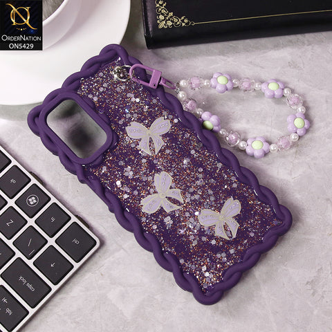 Samsung Galaxy A32 Cover - Purple - New Braid Style Borders Butterfly Shiny Glitter Soft Case With Beads Bracelet Holder (Glitter Does Not Move)