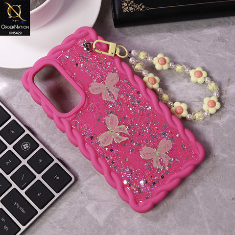Samsung Galaxy A54 Cover - Pink - New Braid Style Borders Butterfly Shiny Glitter Soft Case With Beads Bracelet Holder (Glitter Does Not Move)