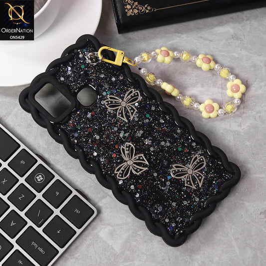 Infinix Smart 5 Cover - Black - New Braid Style Borders Butterfly Shiny Glitter Soft Case With Beads Bracelet Holder (Glitter Does Not Move)