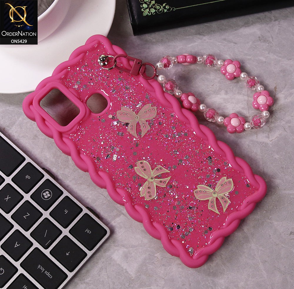 Infinix Smart 5 Cover - Pink - New Braid Style Borders Butterfly Shiny Glitter Soft Case With Beads Bracelet Holder (Glitter Does Not Move)