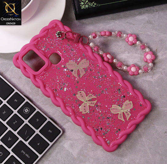Infinix Smart 5 Cover - Pink - New Braid Style Borders Butterfly Shiny Glitter Soft Case With Beads Bracelet Holder (Glitter Does Not Move)