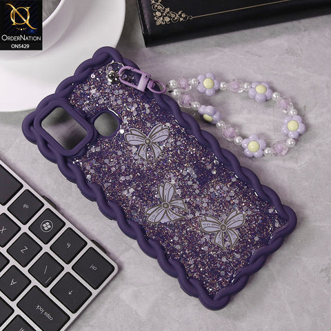 Infinix Smart 5 Cover - Purple - New Braid Style Borders Butterfly Shiny Glitter Soft Case With Beads Bracelet Holder (Glitter Does Not Move)