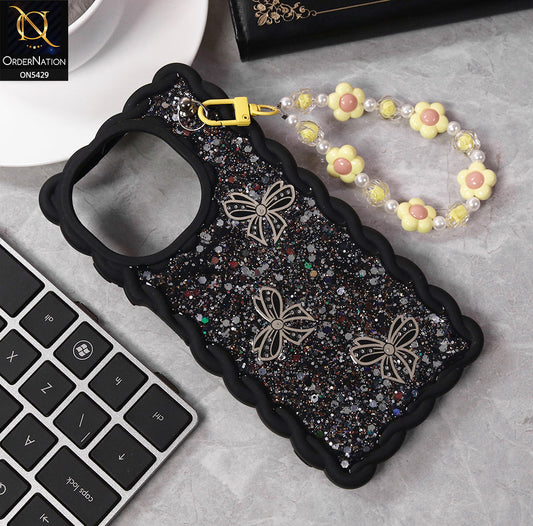Infinix Hot 50i Cover - Black - New Braid Style Borders Butterfly Shiny Glitter Soft Case With Beads Bracelet Holder (Glitter Does Not Move)