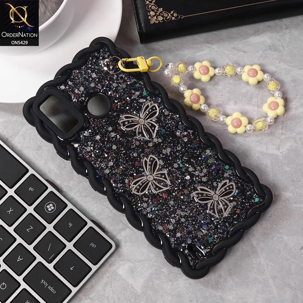 Tecno Spark Go 2020 Cover - Black - New Braid Style Borders Butterfly Shiny Glitter Soft Case With Beads Bracelet Holder (Glitter Does Not Move)