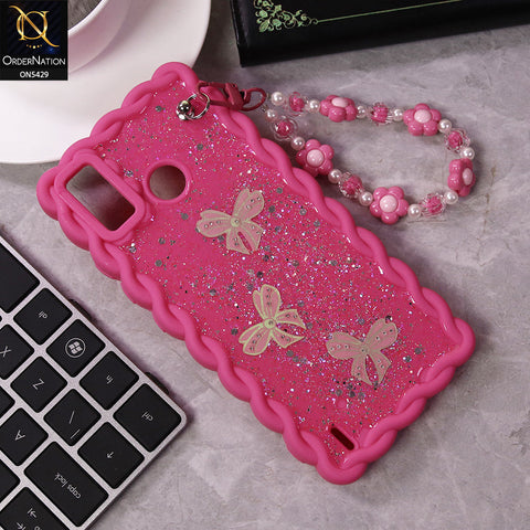 Tecno Spark Go 2020 Cover - Pink - New Braid Style Borders Butterfly Shiny Glitter Soft Case With Beads Bracelet Holder (Glitter Does Not Move)