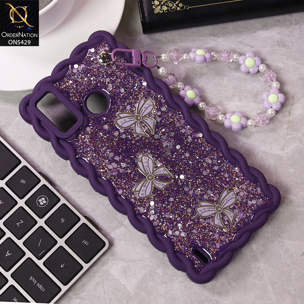 Tecno Spark 6 Go Cover - Purple - New Braid Style Borders Butterfly Shiny Glitter Soft Case With Beads Bracelet Holder (Glitter Does Not Move)