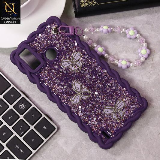 Tecno Spark 6 Go Cover - Purple - New Braid Style Borders Butterfly Shiny Glitter Soft Case With Beads Bracelet Holder (Glitter Does Not Move)