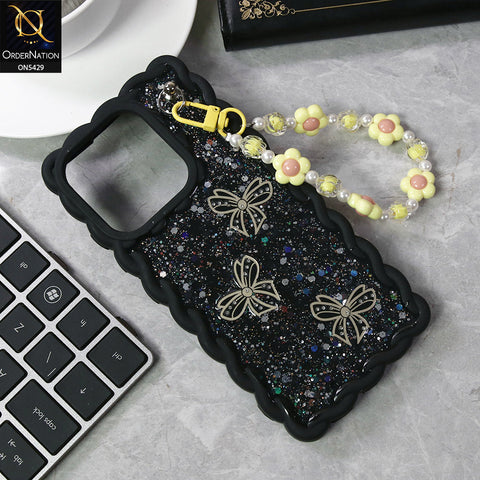 Infinix Smart 7 Plus Cover - Black - New Braid Style Borders Butterfly Shiny Glitter Soft Case With Beads Bracelet Holder (Glitter Does Not Move)
